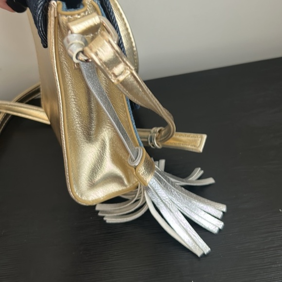 JOSEPH RIBKOFF Patchwork Denim & Metallic Gold Tassel Mini Crossbody Purse - Picture 8 of 15